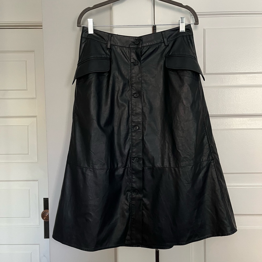 NWT Banana Republic Black Faux Leather Button Front A-Line Midi Skirt